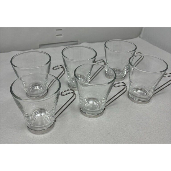 6 Vintage BORMIOLI VITROSAX ITALY Cappuccino Glass Mugs with Stainless Handles - Picture 3 of 6